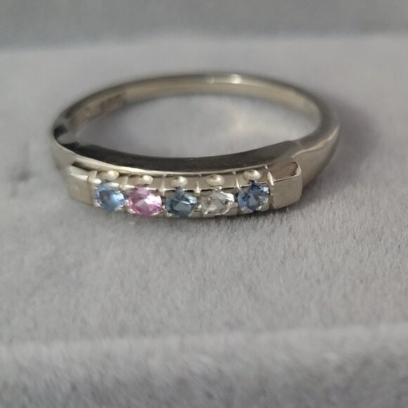 14k Topaz Wedding Band White Gold 5 Stone MultiColor Anniversary or Mothers Ring - Picture 4 of 14